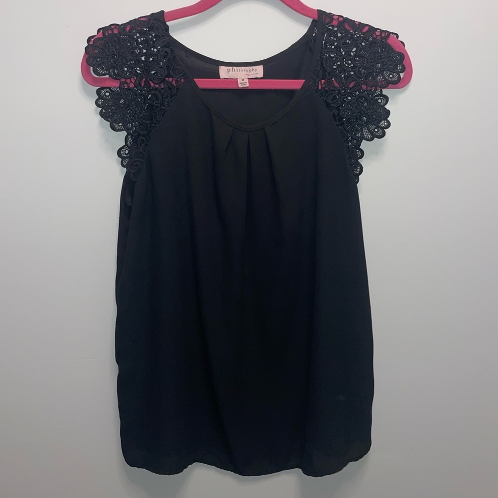 Philosophy Black Sleeveless Blouse with Crochet Lace Shoulders